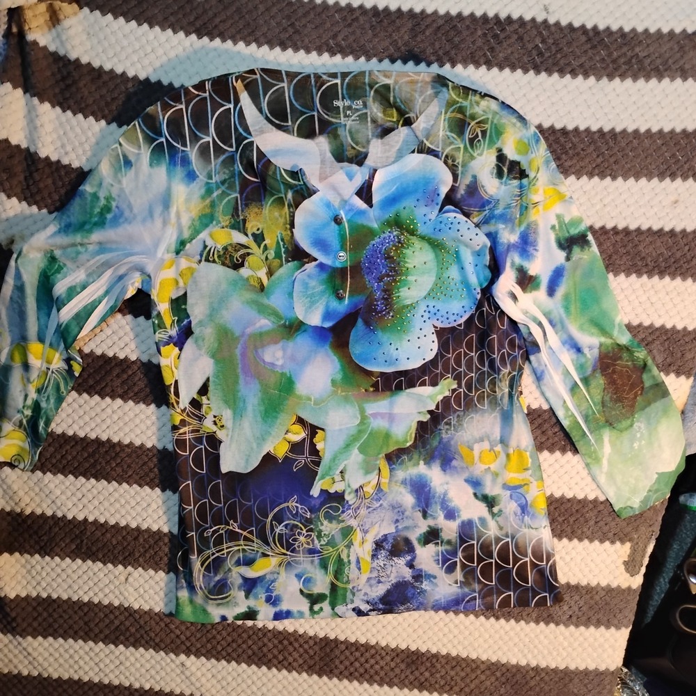 Style&Co. Petite Women's Blue FloralJacquard Boat Neck 3/4 Sleeve Shirt Top PL